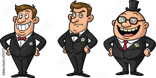 Funny cartoon grooms in tuxedos, happy and confident men characters illustration, humorous wedding concept, vector art for celebration design