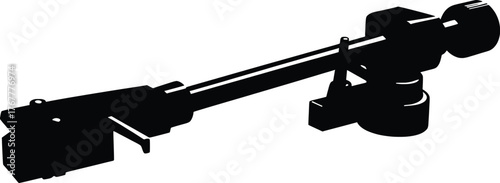 High-resolution black silhouette vector illustration of a classic turntable tonearm, an isolated graphic showing the stylus, arm, and counterweight for vintage hi-fi audio and vinyl record players