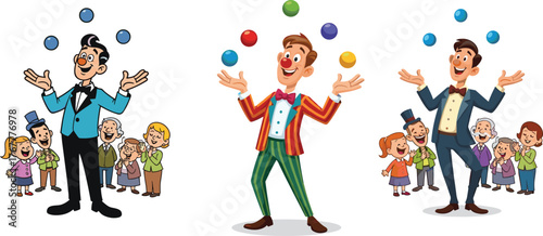 Funny cartoon jugglers performing circus tricks with colorful balls entertaining happy audience, cheerful crowd watching street performance, carnival entertainment illustration