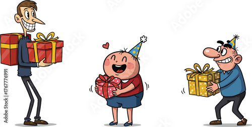 Funny cartoon people celebrating birthday with gifts and party hats, joyful characters holding presents, humorous celebration illustration for festive concept