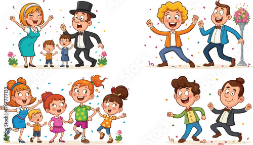 Happy cartoon people dancing and celebrating together, joyful family and friends having fun party illustration with confetti and colorful outfits