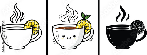 Set of Hot Tea or Lemonade Cup Vector Icons: Cute Cartoon, Outline, and Silhouette Illustrations with Steam and Lemon