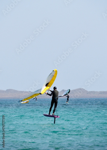 kitesurfer surfing on Atlantic ocean in Corralejo, Fuerteventura, Canary islands, Spain