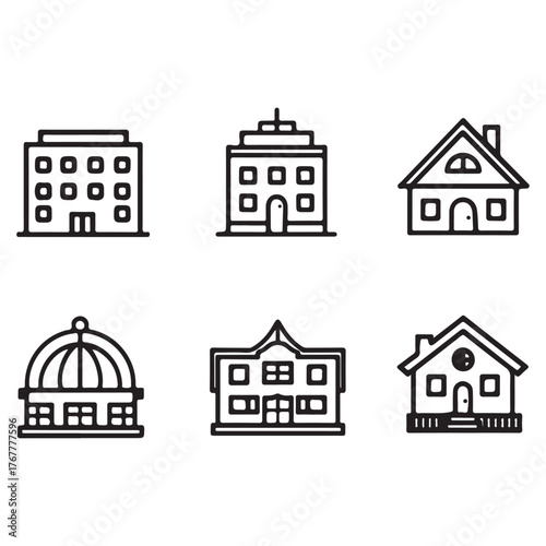Outline building icons collection: diverse architecture, residential homes, modern office blocks, public structures for real estate, urban development.