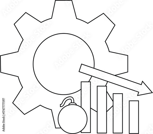 A gear with a bomb graph and a downpointing arrow suggests economic or industrial decline