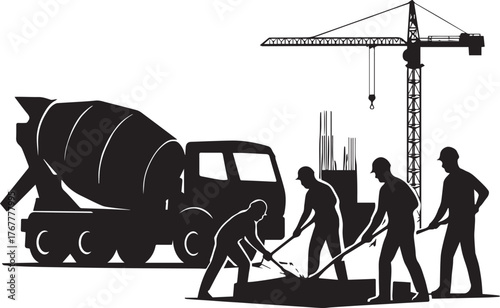 "Construction Site Silhouette with Cement Mixer Truck and Workers Pouring Concrete – Industrial Infrastructure Illustration"