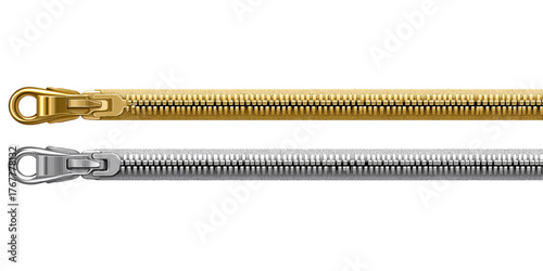 Gold and silver zipper details isolated on a transparent background