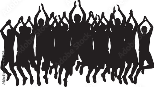 Energetic silhouettes of a crowd jumping joyfully celebrating success or festival event