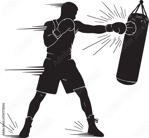 Boxing silhouette of an athlete punching a heavy bag with speed lines and impact burst