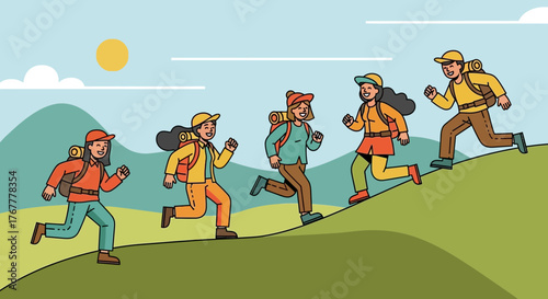 Group Of Hikers Running Up The Meadow Hill, Animated Outdoor Adventures