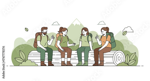 Group Of Hikers Sitting And Talking While Enjoying A Pause During The Mountain Trek