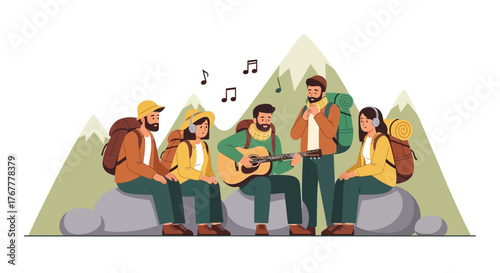 Group Of Hikers Sing Songs And Relax On A Mountain Trip Together, Enjoying Nature
