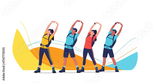 Group Of Hikers Stretching Before An Adventure On The Nature Trails, Health Recreation