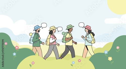 Group Of Hikers Talking Together While Enjoying Beautiful Nature Scenery And Sunshine