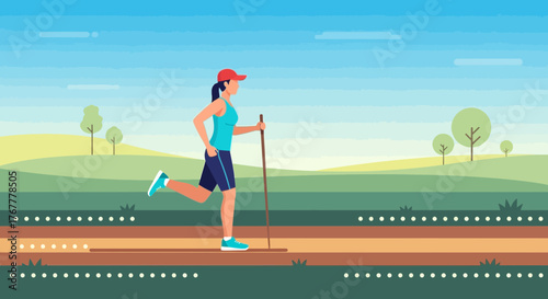 Healthy And Active Woman Going For A Brisk Walk Outdoors In Beautiful Nature Setting