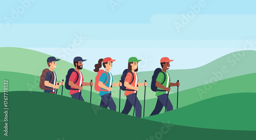 Group Of Hikers Traversing Rolling Hills And Enjoying Outdoor Excursion Together