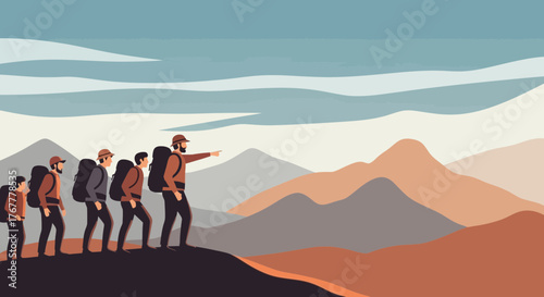 Group Of Hikers Traversing Mountainous Terrain Under A Serene And Expansive Sky