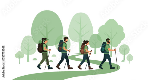 Group Of Hikers Traversing Scenic Trails And Forests For Outdoor Excursion Activities