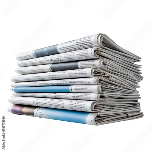 Stack of folded newspapers with text isolated on a transparent background
