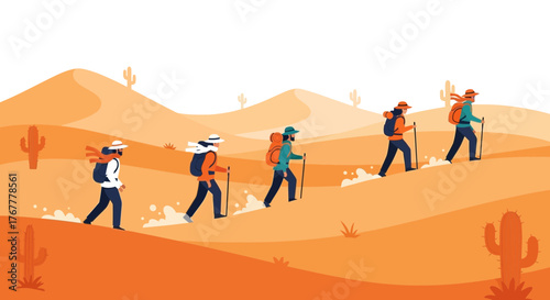 Group Of Hikers Traversing The Desert Towards Their Destination In A Scenic Illustration