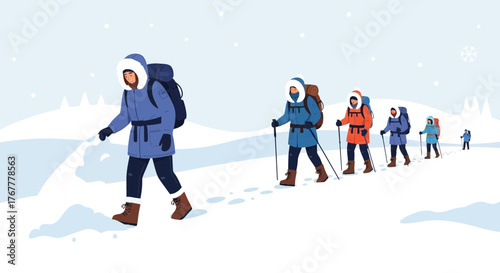 Group Of Hikers Traversing Snowy Terrain In Winter Weather With Backpacks And Poles
