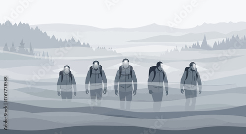 Group Of Hikers Traversing Snowy Terrain Against A Muted Landscape Backdrop