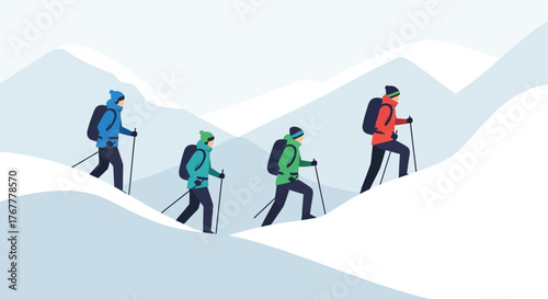 Group Of Hikers Traversing Snowy Terrain Towards Higher Elevations In The Mountains