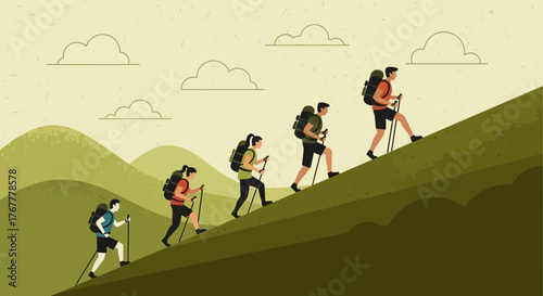 Group Of Hikers Traversing Uphill Path Depicting Perseverance And Outdoor Adventure