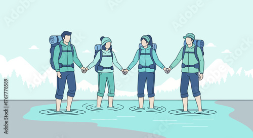 Group Of Hikers Traversing Water While Holding Hands For Adventure And Teamwork