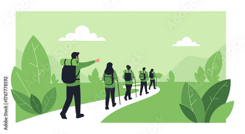 Group Of Hikers Trekking Through Nature Under The Clear Sky With Lush Foliage