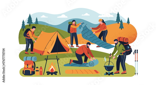 Group Of People Camping And Enjoying Outdoors Adventure In The Wilderness