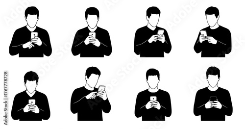 Set of 6, person holding phone, guided, centered, black and white, faceless, Silhouette, Vector art style, Flat design illustration, clean outline