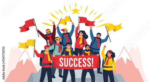 Group Of People Celebrate Success Atop Mountain With Flags and Bright Light