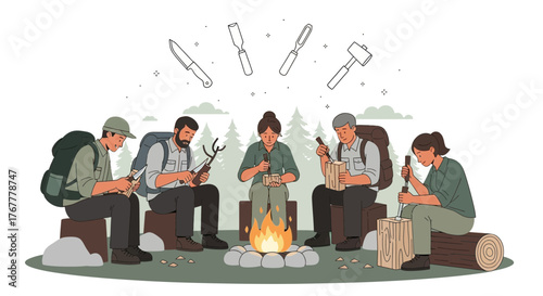 Group Of People Doing Wood Carving At A Campsite By A Warm Campfire