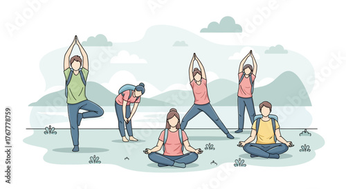 Group Of People Doing Yoga And Hiking In Nature With Peaceful Awareness