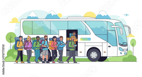 Group Of People Embarking On Adventure Trips Featuring Mountain Scenic Views and Passenger Vehicle