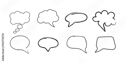 Collection of diverse hand-drawn doodle speech bubbles and thought clouds perfect for comic and graphic design, isolated on a white background, vector illustration