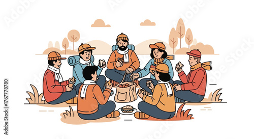 Group Of People Enjoying A Picnic Outdoors In Autumn Season Gathering Together