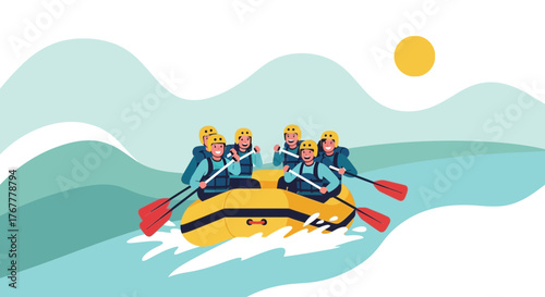 Group Of People Enjoying Whitewater Rafting Adventure In River Waters Safely