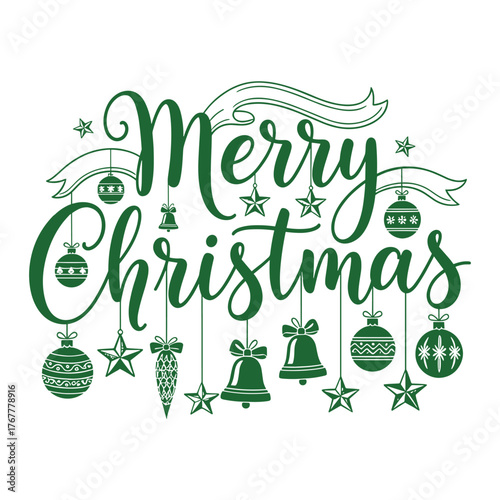 Merry Christmas Typography Design with Ornaments Stars and Bells in Green Vector Style