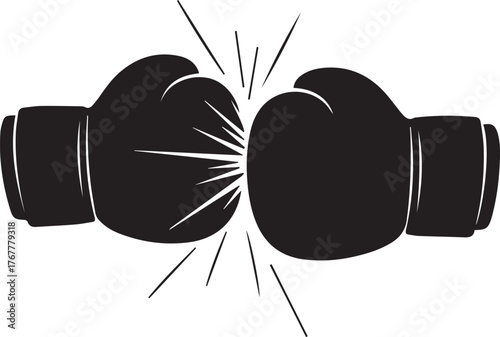 Two black boxing gloves colliding with energetic burst graphic element sports