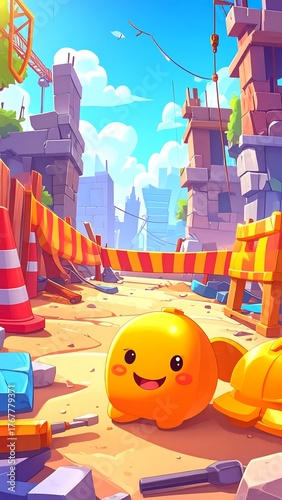 Animated cartoon character on a construction site