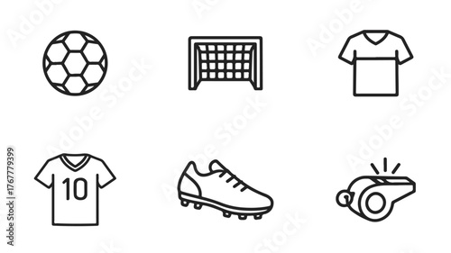 Goal Strike Icons — clean line-art symbols for football ball, goal post, jersey, cleats, whistle
