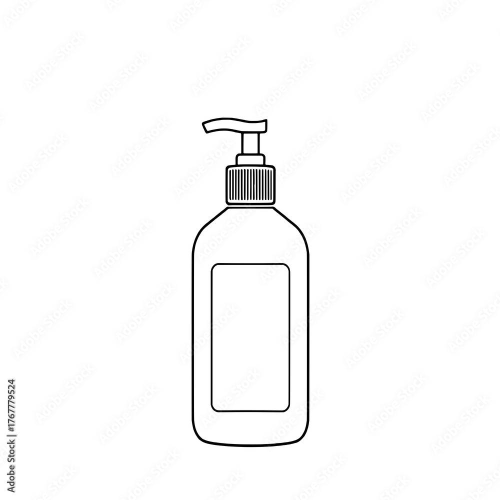 Fototapeta premium Flat Black Outline Icon of a Pump Dispenser Bottle with a Blank Rectangular Label Area, Isolated on White Background