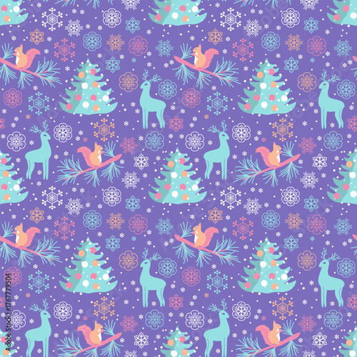 New year seamless vector pattern with cute animals and snowflakes