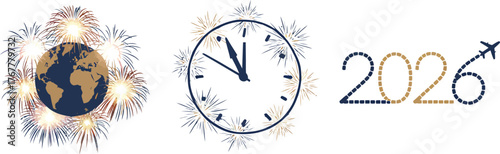 New year 2026 concept with globe, clock, and airplane, symbolizing global travel and time