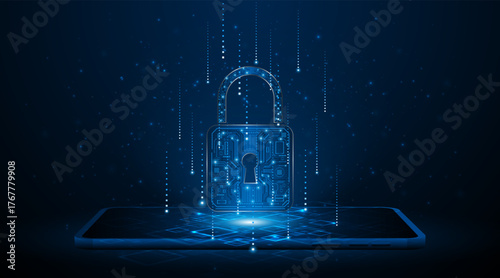 Lock icon on tablet or smartphone. Concept of cyber security and data protection and privacy. Innovative concept of advanced security technology.
