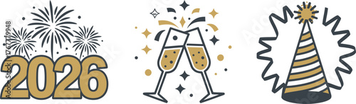 New years eve celebration icons fireworks, 2026 text, champagne glasses toasting, and party hat