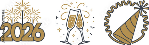 New year 2026 celebration icons with fireworks, champagne glasses, and party hat