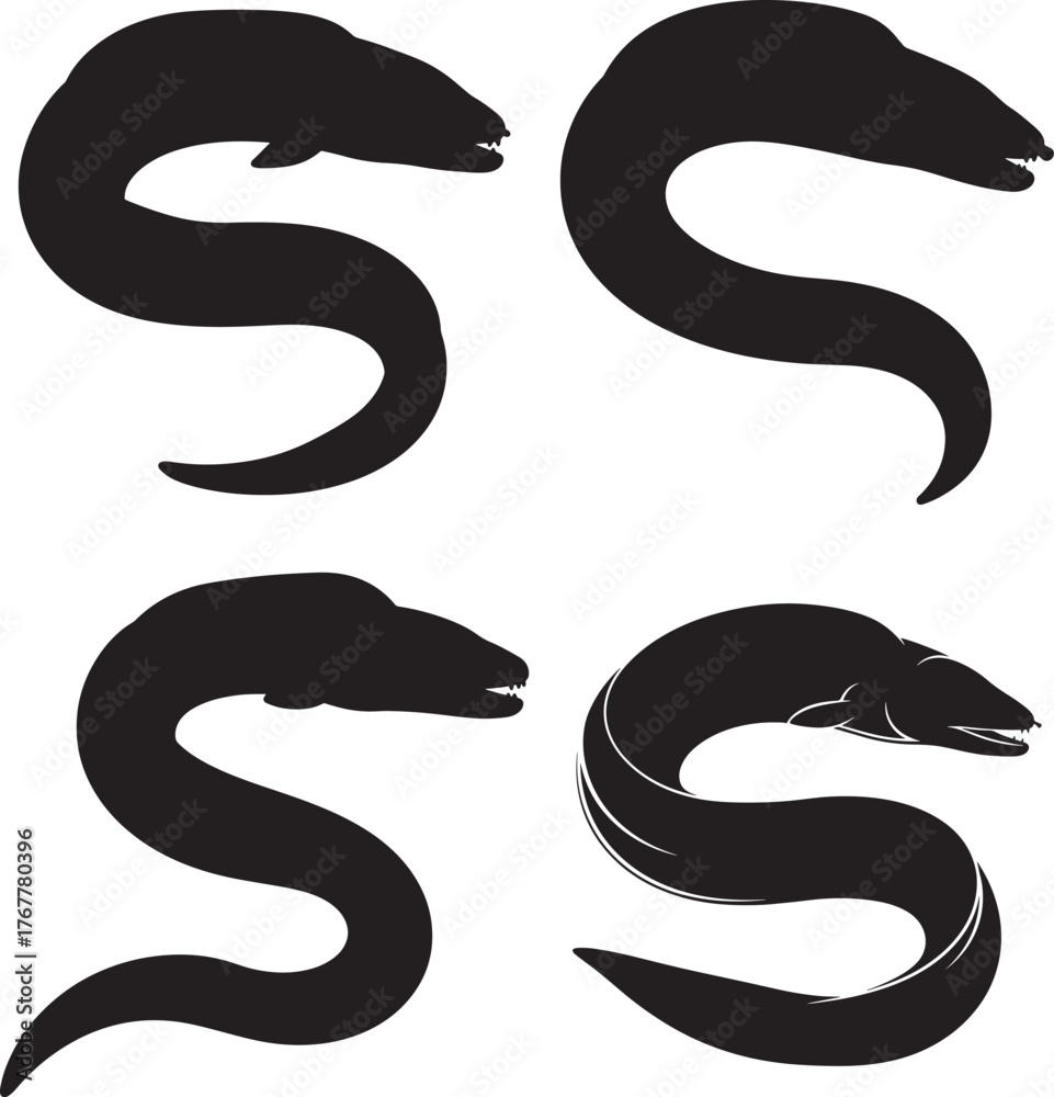 Naklejka premium Four black silhouette illustrations of eels in a curled pose